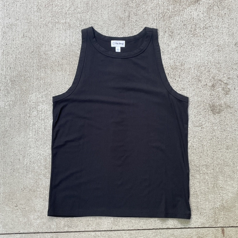 NWT The Drop Womens Black Ribbed High Neck Tank Top Size L Stretch Basic